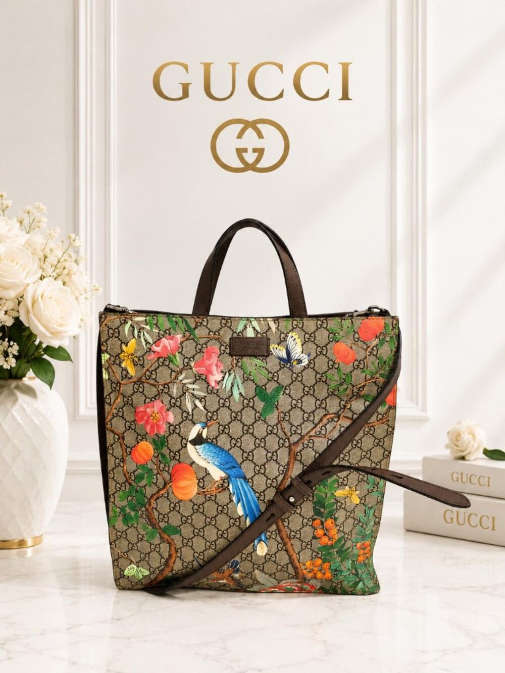 Authentic Gucci Tian GG Supreme Floral Bird Tote Shoulder Bag